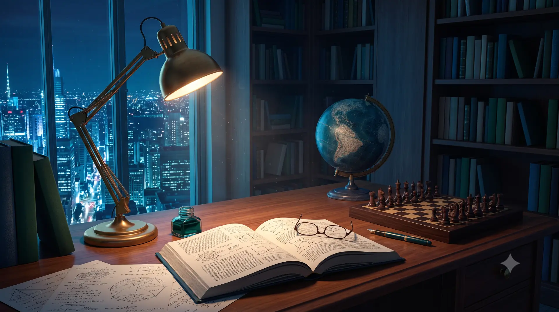 Mesa de estudos à noite com livro aberto, globo terrestre, tabuleiro de xadrez e vista da cidade